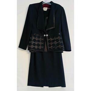 Vintage Lawrence Dress Montreal 3 Piece Suit Black Satin & Rhinestone Canada 12
